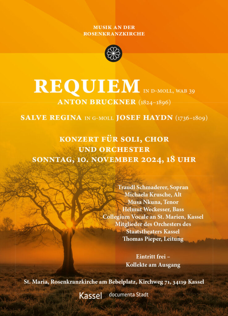 Flyer für das Konzert für Soli, Chor und Orchester am 10. November 2024 um 18 Uhr in der Rosenkranzkirche in Kassel